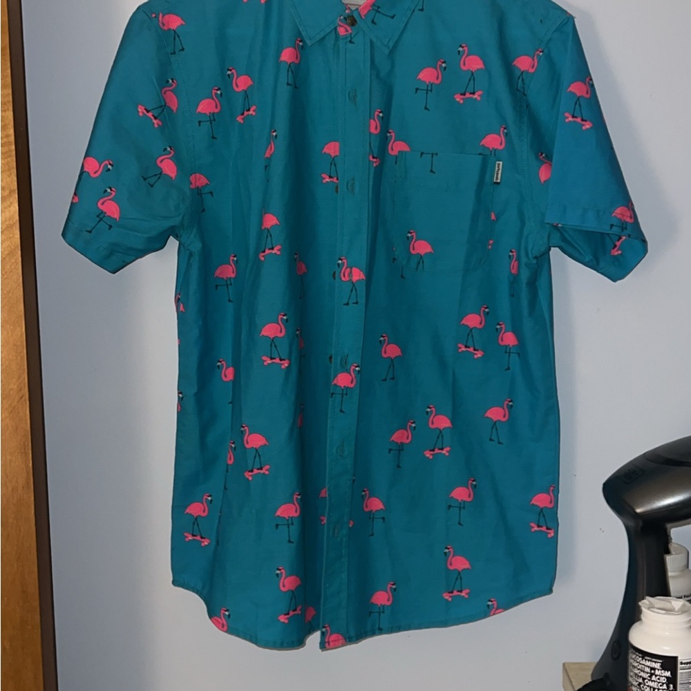 NWT Party Pants Pink Flamingo Mens Short Sleeve Button Down Shirt Sz M